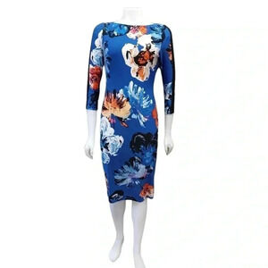 Maggie London  Blue Floral Midi Stretchy Dress Size 4